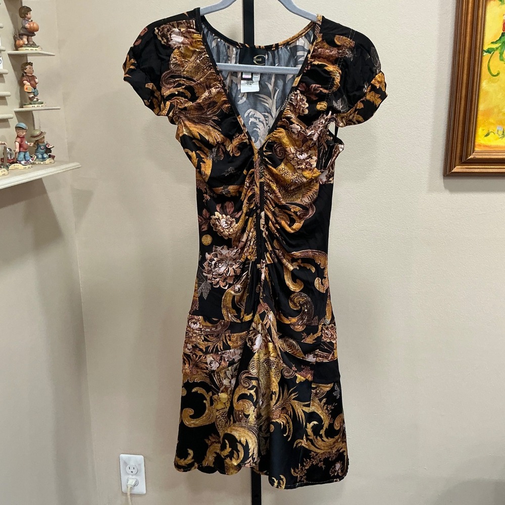 Just Cavalli Dress Vintage IT 44 Baroque Gold Ruched Mini Ittierre Y2K V-Neck M